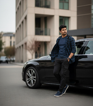 Urban street portrait beside a black car
