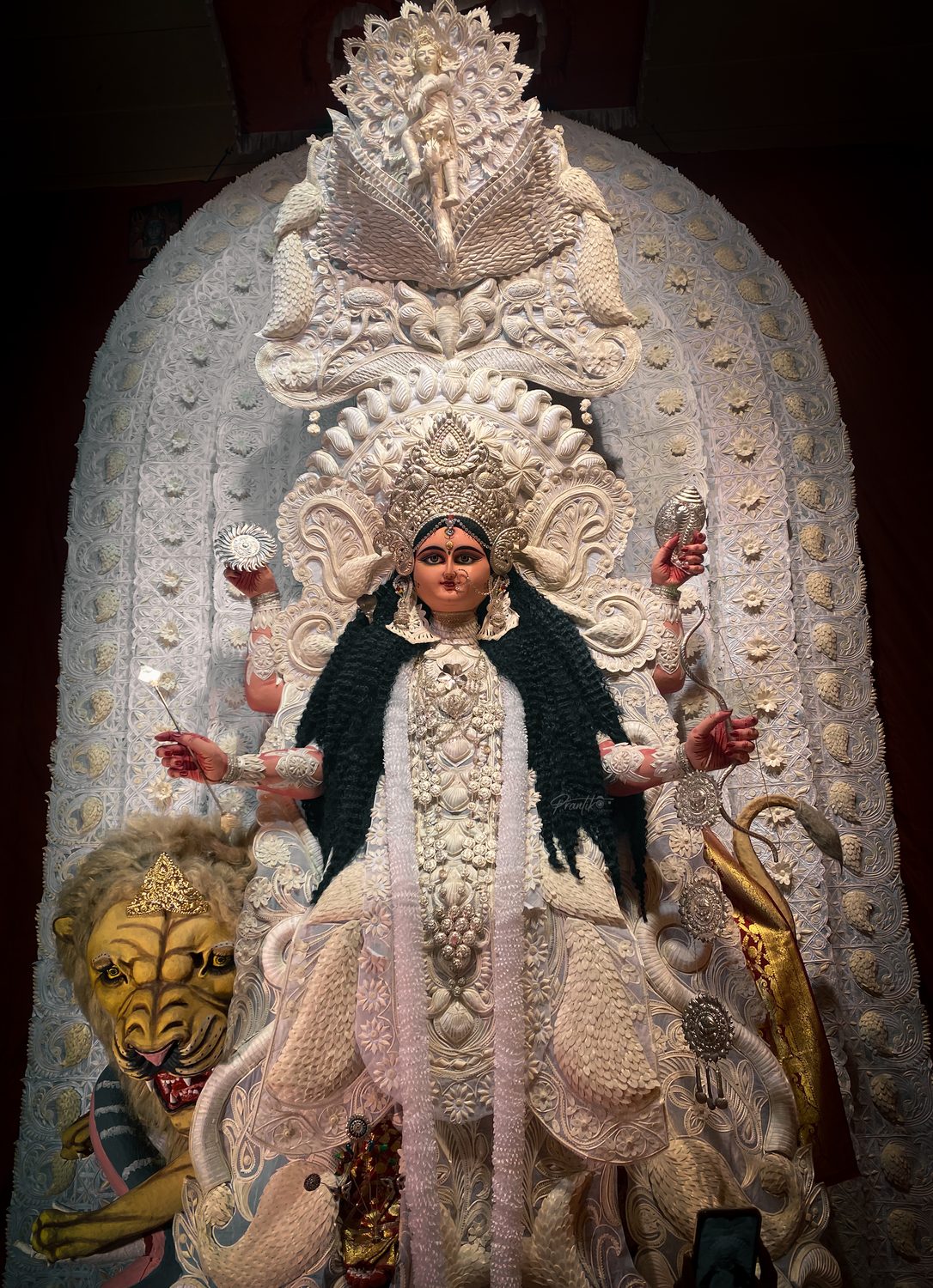 A white shola-art Durga idol