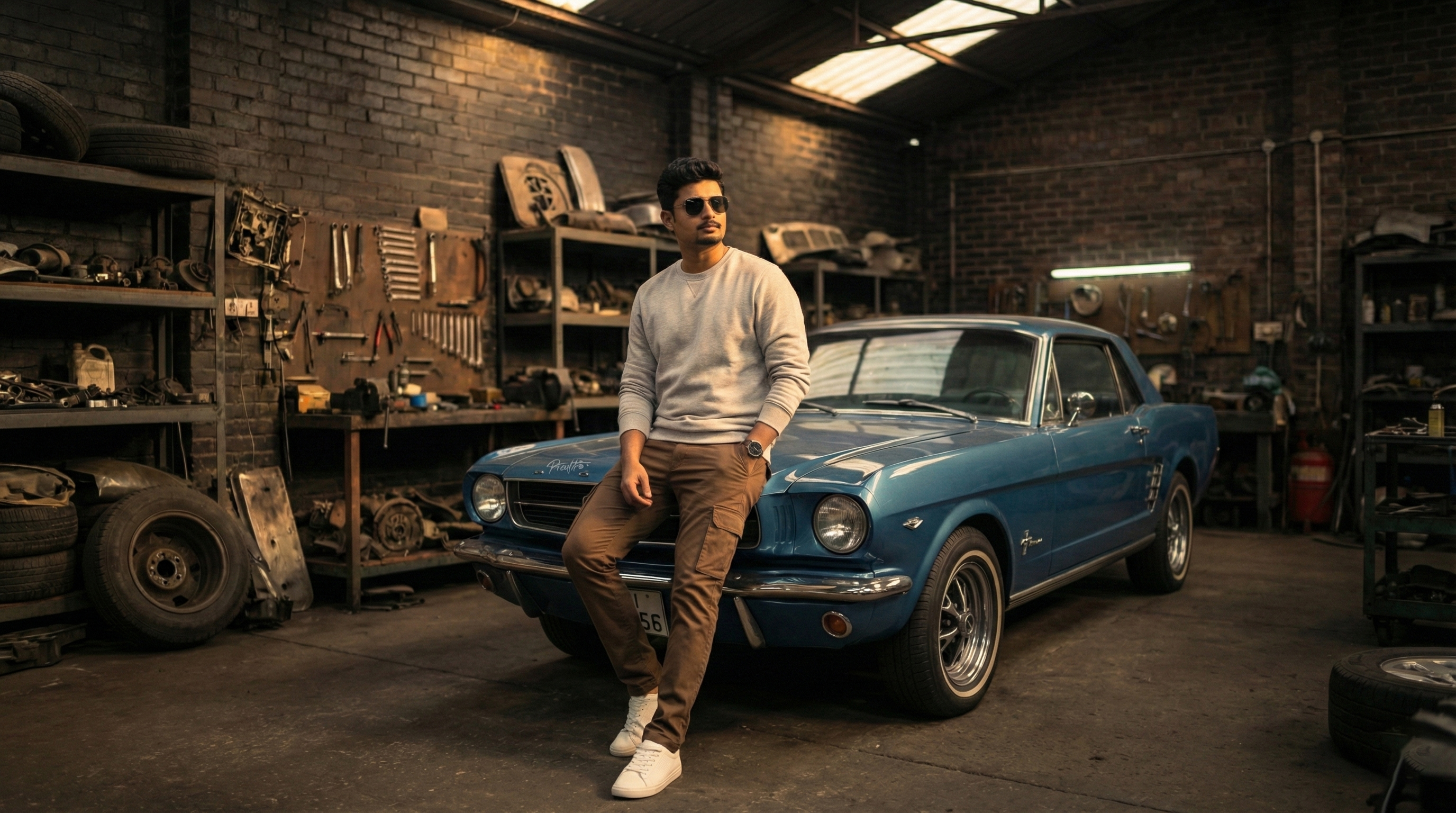 A vintage blue Mustang in a workshop